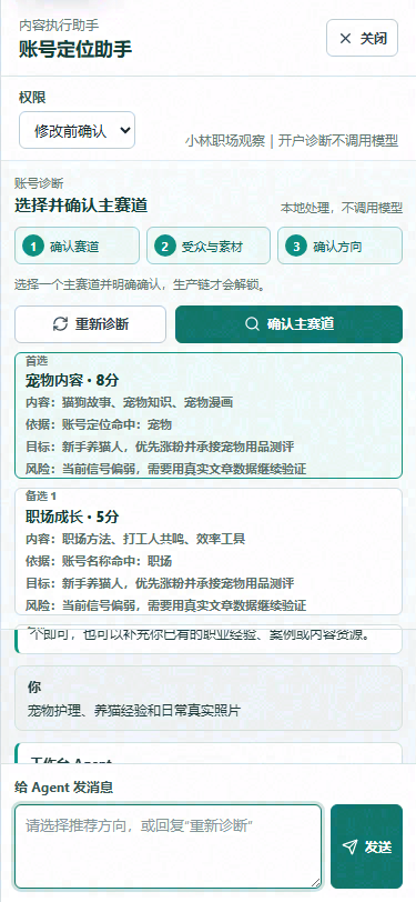 账号定位助手按顺序完成赛道识别和确认